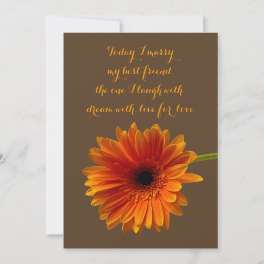 Oranje Gerbera Daisy Wedding Invitation - Bruin Kaart (Voorkant)