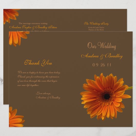 Oranje Gerbera Daisy Wedding Programme (Voorkant / Achterkant)