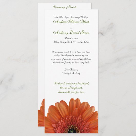 Oranje Gerbera Daisy Wedding Programme Programma (Voorkant / Achterkant)