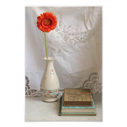 Oranje gerbera en boeken foto afdruk (Voorkant)