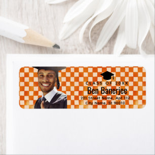Oranje geruite aangepaste foto afstudeerder retour etiket