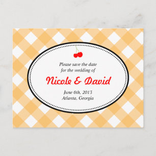 Oranje Gingham Country Rustic Cherry Bewaar de dat Aankondigingskaart