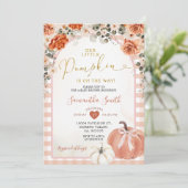 Oranje Gingham Floral Pompoen Herfst Baby shower Kaart (Staand voorkant)