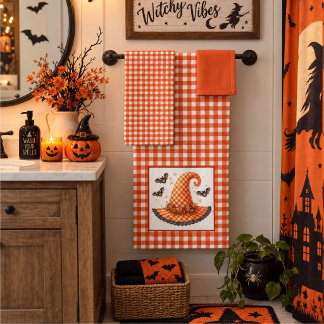Oranje Gingham Halloween Heksenhoed & Vleermuizen Bad Handdoek