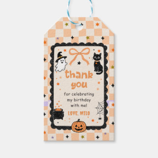 Oranje Gingham Halloween Verjaardagsfeest Cadeaulabel