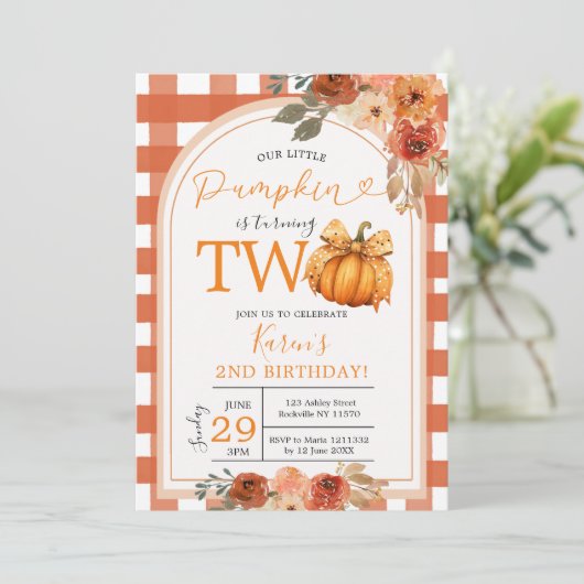 Oranje Gingham Pompoen 2e Verjaardag Herfst Kaart (Staand voorkant)