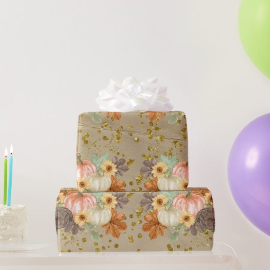 Oranje glitterpompoenen op kreukpapier cadeaupapier (Feestgeschenken)