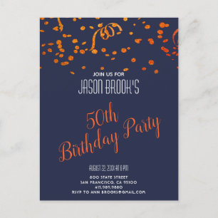 Oranje Gold Glitter Confetti Black 50th Birthday Uitnodiging Briefkaart