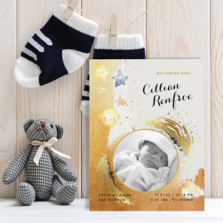 Oranje gouden glitter Waterverf foto Baby Geboorte Aankondigingskaart