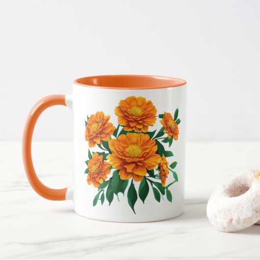 Oranje goudsbloem boeket met groene bladeren mok (Met donut)