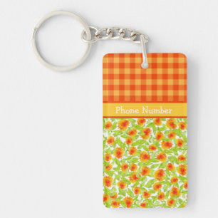 Oranje goudsbloemen en check Gingham Oblong Sleute Sleutelhanger