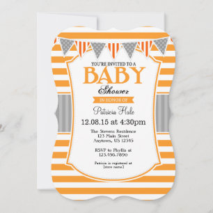 Oranje Grey Stripes Baby shower Uitnodiging