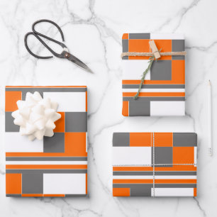 Oranje grijs wit cheques strepes geometrisch patro inpakpapier vel
