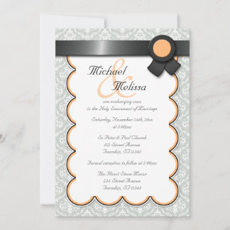 Oranje & Grijze Damask huwelijksuitnodigingen Kaart