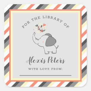 Oranje Grijze Olifant Baby Shower Bibliotheek Ex L Vierkante Sticker