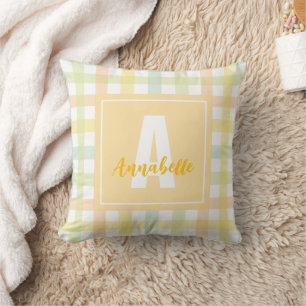 Oranje Groen Geel Blauw Pastel Gingham Monogram Kussen