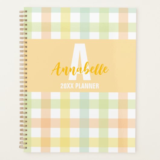 Oranje Groen Geel Blauw Pastel Monogram Gingham Planner (Voorkant)