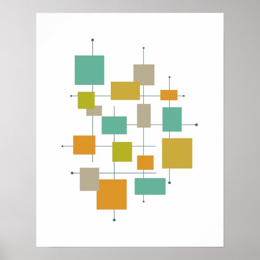 Oranje Groen Turquoise Squares Lines Mid Century Poster (Voorkant)