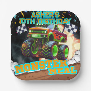 Oranje groene monstertruck off-road verjaardagsple papieren bordje