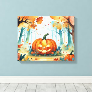 Oranje groene Waterverf Autumn Pumpkins Forest Canvas Afdruk