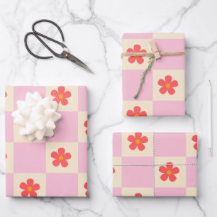 Oranje Groovy Daisy Flowers &  Roze Checker Inpakpapier Vel