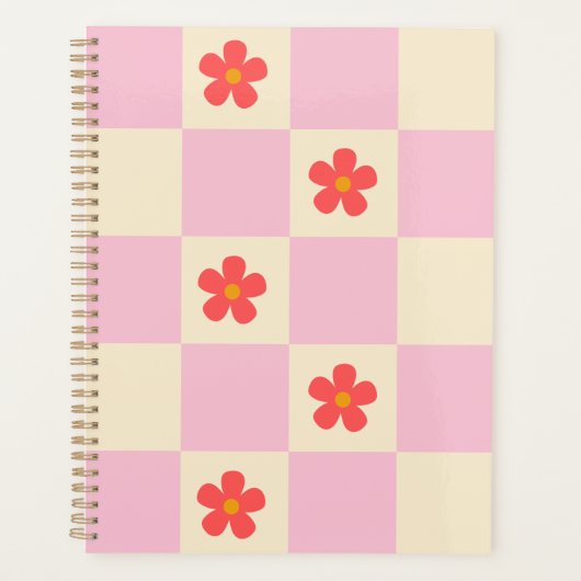 Oranje Groovy Daisy Flowers & Roze Checker Planner (Voorkant)