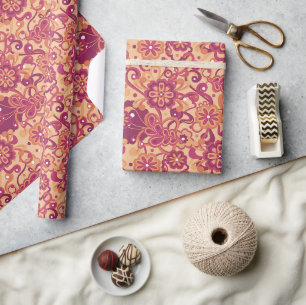 Oranje Groovy Psychedelic 60s 70s Floral Birthday Cadeaupapier