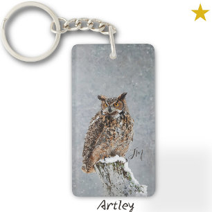 Oranje Grote Gehoornde Uil Vogelschilderij Initial Sleutelhanger