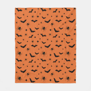 Oranje Halloween enge vleermuizen en spinnenpatroo Fleece Deken