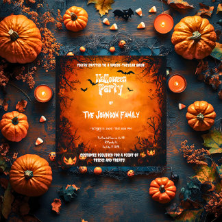 Oranje Halloween-feest met pompoenen en vleermuize Kaart