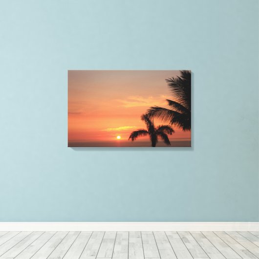 Oranje Hawaïaanse Zonsondergang Hemel met Palmen Canvas Afdruk (Insitu (Houten vloer))