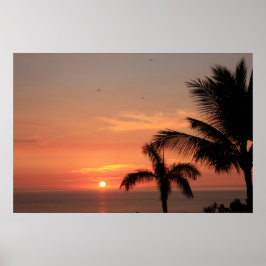 Oranje Hawaiian Sunset Sky met vogels en palmen Poster