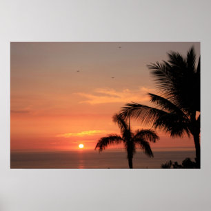 Oranje Hawaiian Sunset Sky met vogels en palmen Poster