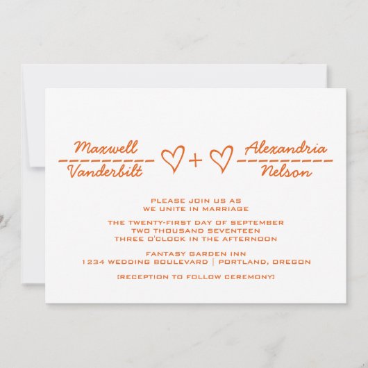 Oranje Heart Equation Wedding Invite Kaart (Voorkant)