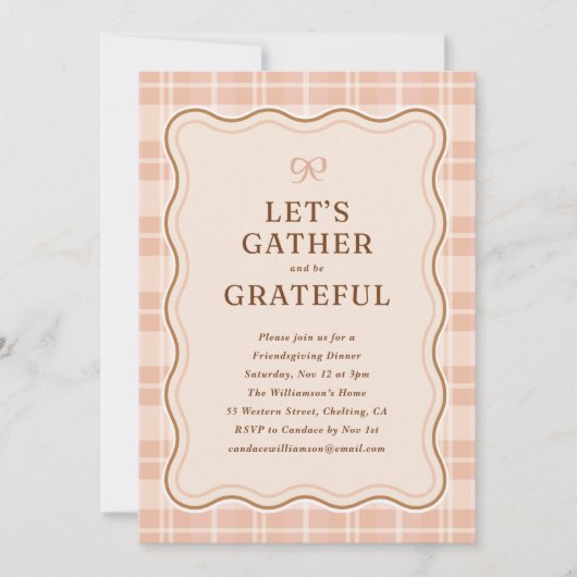 Oranje Herfst Plaid Pattern Friendsgiving Diner Kaart (Voorkant)