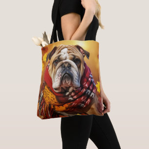 ORANJE HERFSTBLADEREN & BRUINE WITTE BULLDOG DRAAGTAS
