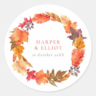 Oranje herfstbladeren krans herfstbruiloft ronde sticker
