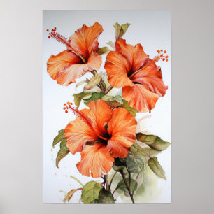 Oranje Hibiscus Bloemenkunst Print Poster