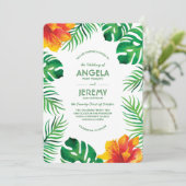Oranje Hibiscus en Tropische bladeren 2 Bruiloft Kaart (Staand voorkant)
