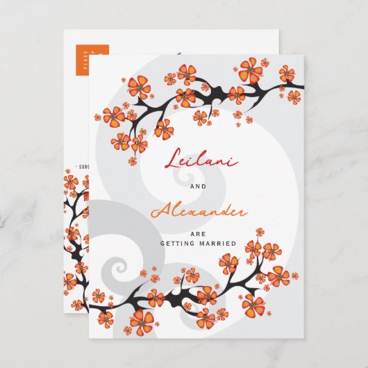 Oranje Hibiscus Grijze wervelingen Tropisch Save t Aankondigingskaart (Voorkant / Achterkant)