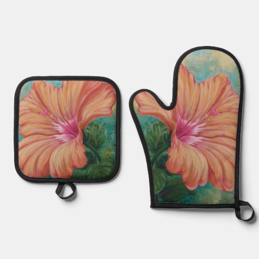 Oranje Hibiscus Ovenwant & Pannenlap Set (Voorkant)