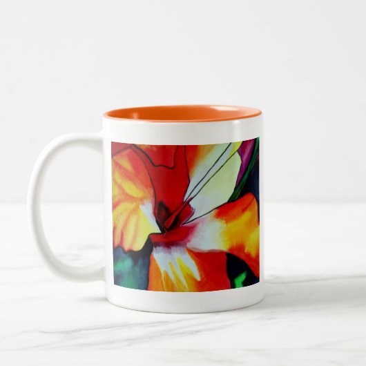 Oranje Hibiscus tropische bloem waterverf kunst Tweekleurige Koffiemok (Links)