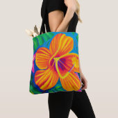 Oranje hibiscus tropische canvas tas (Dichtbij)