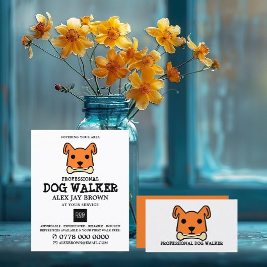 Oranje hond met bot, Dog Walker Adverteren Flyer