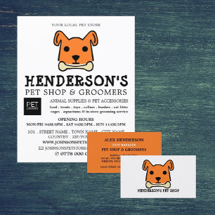 Oranje hond met bot, huisdierwinkel en kamerbaars visitekaartje