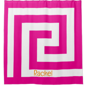 Oranje Hot Pink Greek Key Monogram Naam Wit Douchegordijn