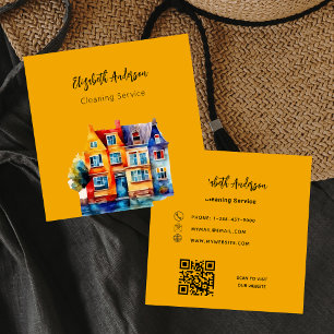 Oranje huisreinigingsdienst QR-code Vierkante Visitekaartje