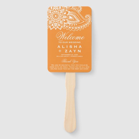 Oranje Indiase Paisley Wedding Programme Handwaaier (Voorkant)