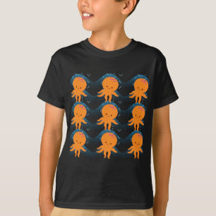 Oranje inktpatroon en blauw golven t-shirt