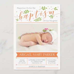 Oranje kalligrafie Baptism Photo Invitation Card Kaart